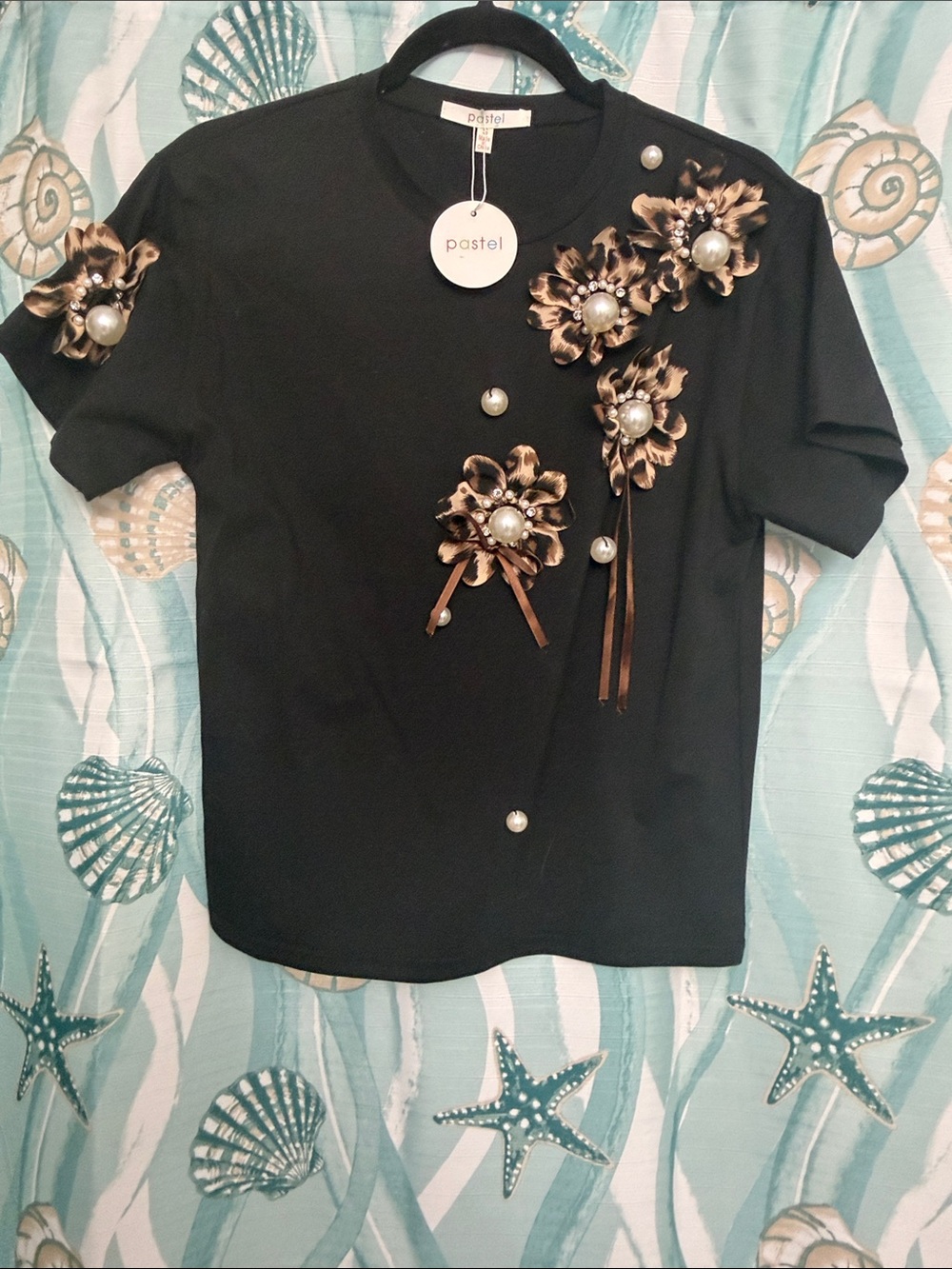 Pastels Black Short Sleeve Top with Pearl Floral Appliqués